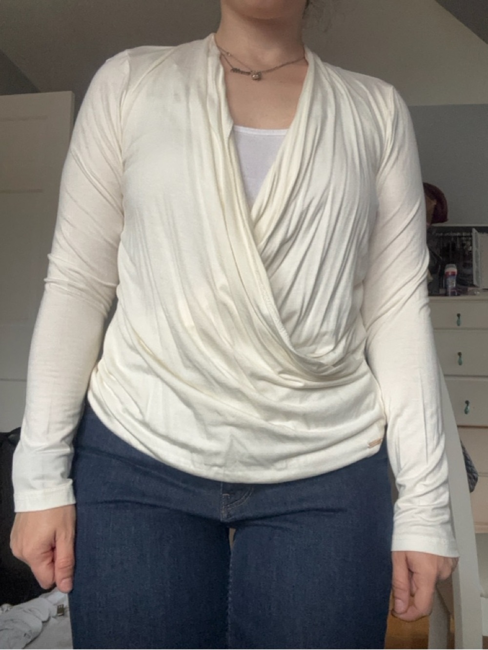 Tahari Cream Draped Wrap-Front Long Sleeve Top